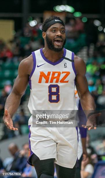Ike Nwamu of the Northern Arizona Suns reacts to a call during the fourth quarter against the Texas Legends on January 31, 2020 at Comerica Center in...