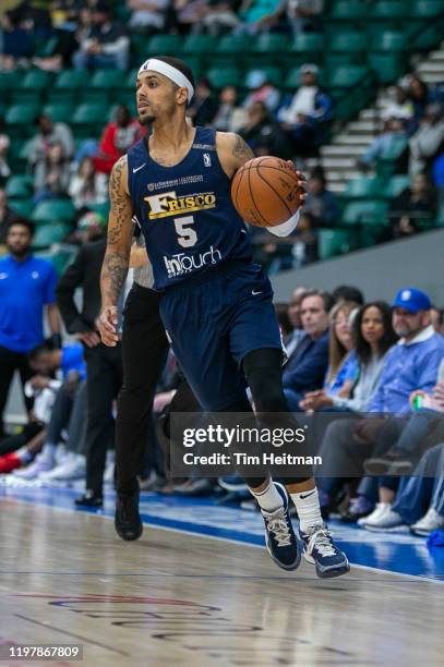 Brandon Fields of the Texas Legends dribbles up court during the fourth quarter against the Northern Arizona Suns on January 31, 2020 at Comerica...