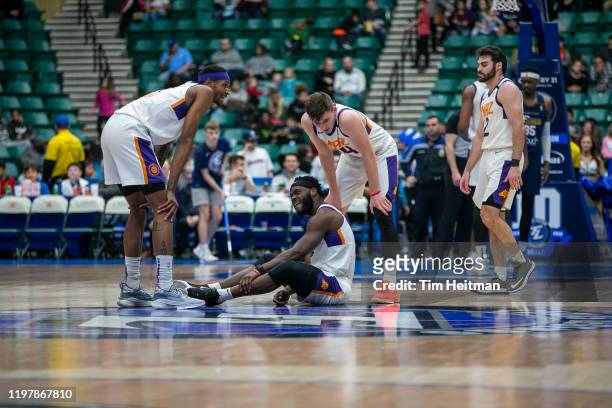 Ike Nwamu of the Northern Arizona Suns reacts to being fouled during the third quarter against the Texas Legends on January 31, 2020 at Comerica...