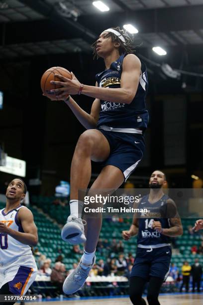 Moses Brown of the Texas Legends drives to the basket during the fourth quarter against the Northern Arizona Suns on January 31, 2020 at Comerica...