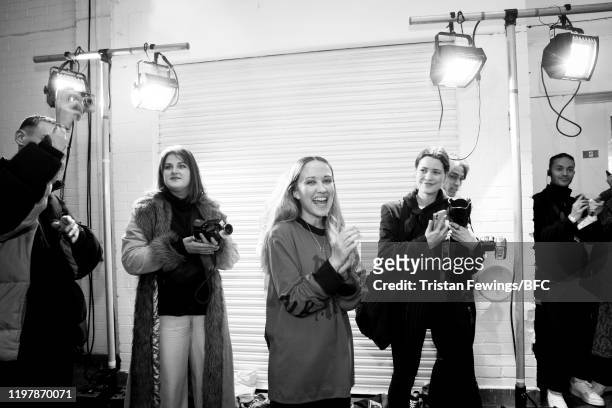 Fashion designer Bethany Williams and models backstage ahead of her show during London Fashion Week Men's January 2020 at the BFC Show Space on...