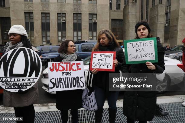 Protesters gather as Harvey Weinstein arrives at a Manhattan court house on January 06, 2020 in New York City. Weinstein, a movie producer whose...