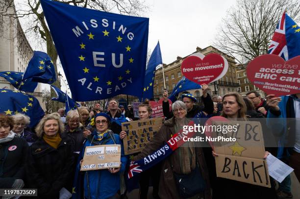 Former British Labour Party MEP Julie Ward joined a group of pro-EU supporters demonstrating outside Downing Street on Brexit day on 31 January, 2020...
