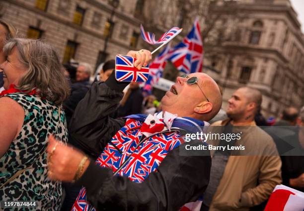 Pro Brexit Leave supporters gather in Westminster on Brexit Day as the UK prepares to leave the European Union on 31st January 2020 in London,...
