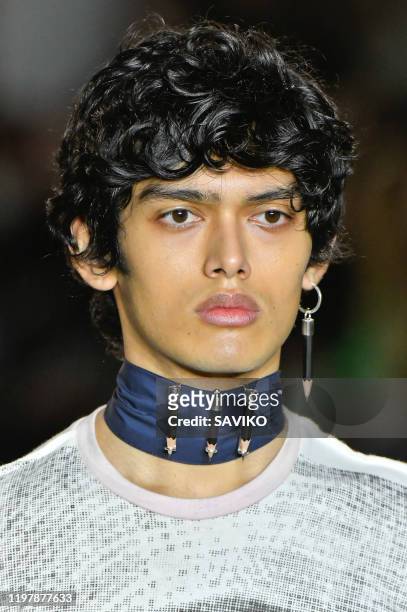 Model walks the runway at the Per Gotesson Fall/Winter 2020-2021 fashion show during London Fashion Week Men's January 2020 at the BFC Show Space on...