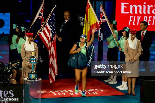 Sofia Kenin of the United States of America enters the court during the finals of the 2020 Australian Open on February 1 2020, at Melbourne Park in...