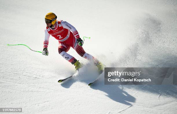 Max Franz of Austria reacts in the finish area during the Audi FIS alpine ski world cup men's downhill on February 1, 2020 in Garmisch-Partenkirchen,...