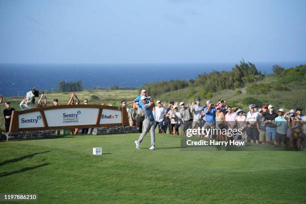 Xander Schauffele of the United States plays his shot from the 14th tee during the final round of the Sentry Tournament Of Champions at the Kapalua...