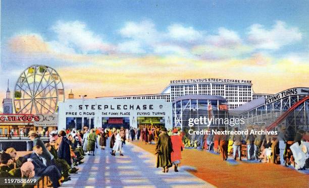 Vintage souvenir color postcard published in 1936 depicts historic Steeplechase Amusement Park, Coney Island Beach and Boardwalk, Brooklyn, New York...