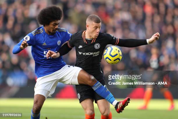 Hamza Choudhury of Leicester City and Ross Barkley of Chelsea during the Premier League match between Leicester City and Chelsea FC at The King Power...