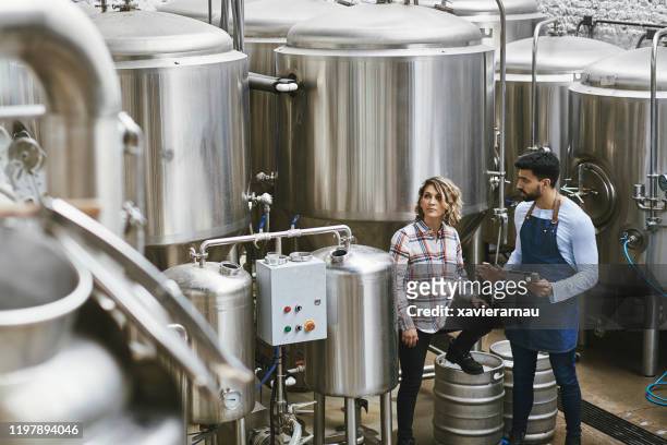 elevated view of craft beer workers conversing in brewery - brewery tank stock pictures, royalty-free photos & images