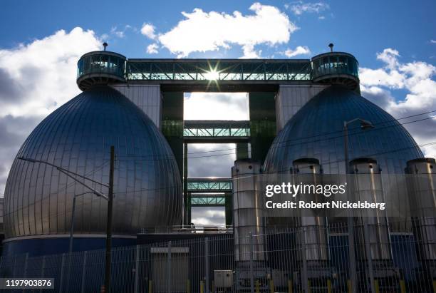 The exterior of the Newtown Creek Wastewater Treatment Plant is seen in the Greenpoint neighborhood of Brooklyn, New York, January 5, 2020. The plant...