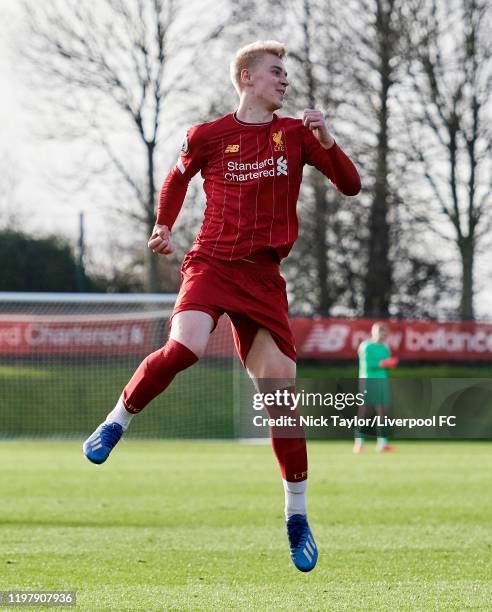 Luis Longstaff of Liverpool celebrates scoring Liverpool's third goal during the PL2 game at The Kirkby Academy on February 1, 2020 in Kirkby,...