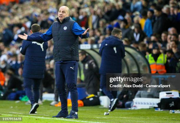 Wigan Athletic manager Paul Cook gestures during the Sky Bet Championship match between Leeds United and Wigan Athletic at Elland Road on February 1,...