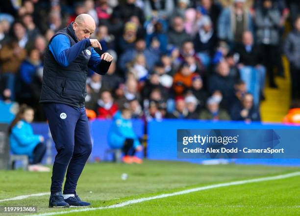 Wigan Athletic manager Paul Cook gestures during the Sky Bet Championship match between Leeds United and Wigan Athletic at Elland Road on February 1,...