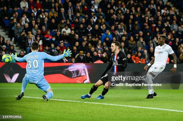 Matis CARVALHO of Montpellier and Pablo SARABIA of Paris Saint Germain during the French Ligue 1 Soccer match between Paris Saint-Germain and...