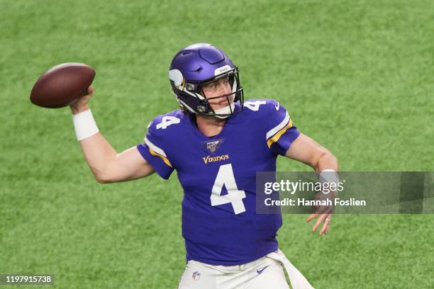 Sean Mannion of the Minnesota Vikings passes the ball against the Chicago Bears during the game at U.S. Bank Stadium on December 29, 2019 in...