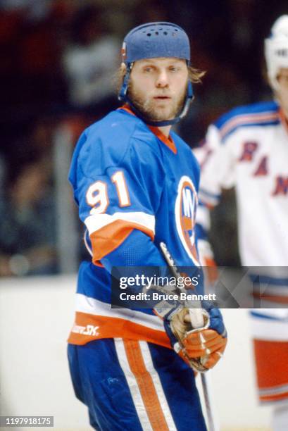 Canadian hockey player Butch Goring of the New York Islanders skates on the ice during the 1981 Stanley Cup Semi Finals game against the New York...