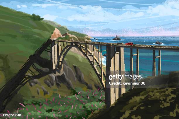 bixby creek bridge, route 1 in california, usa - big sur highway 1 stock illustrations