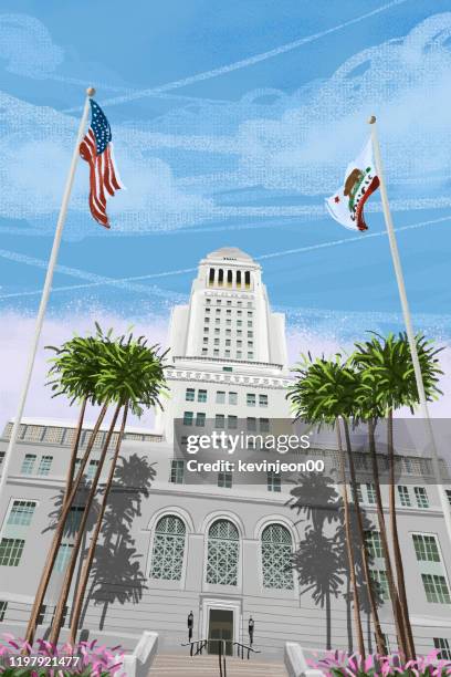 stockillustraties, clipart, cartoons en iconen met buitenaanzicht van het stadhuis van los angeles - palm trees