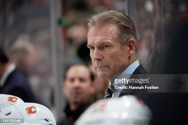Head coach Geoff Ward of the Calgary Flames looks on during the game against the Minnesota Wild at Xcel Energy Center on January 5, 2020 in St Paul,...