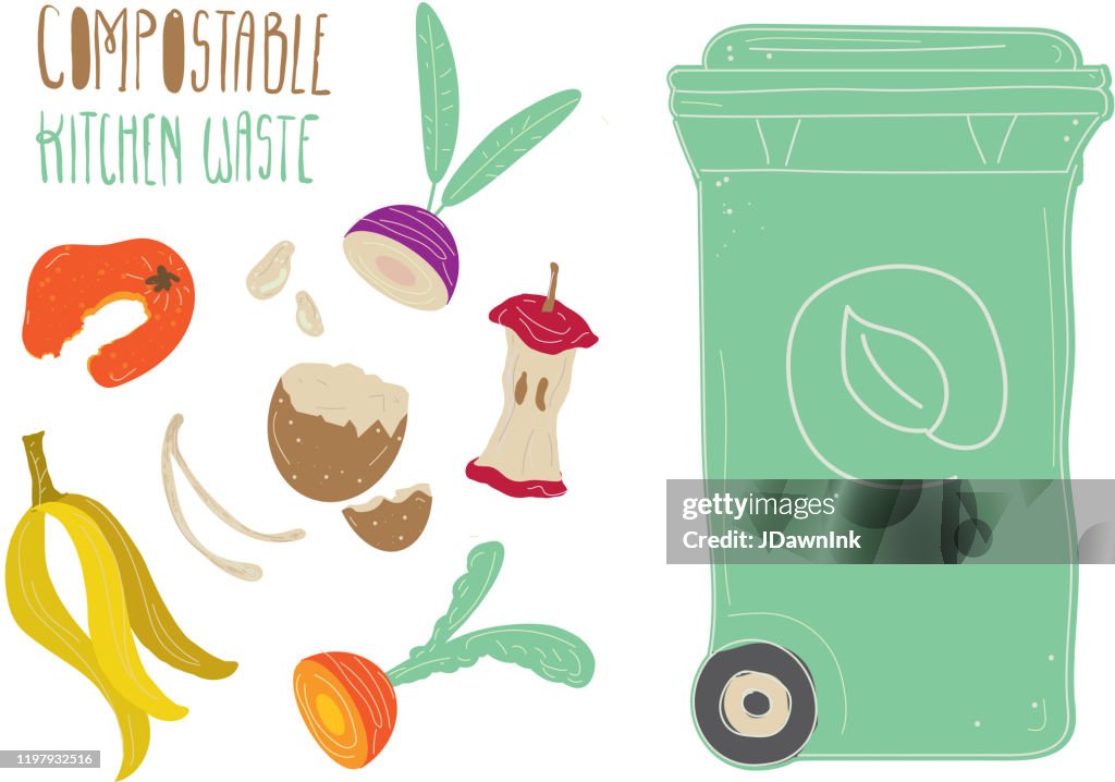 Compostables Drawing Compostable Kitchen Waste Compost Bin With Hand Drawn Food Scraps High ...