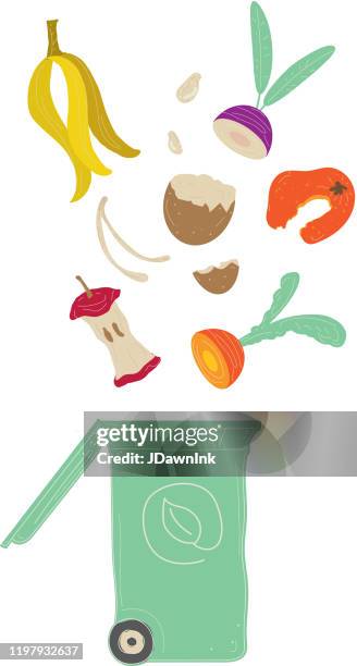 compostable kitchen waste compost bin with spoiled food and food scraps - food waste illustration stock illustrations