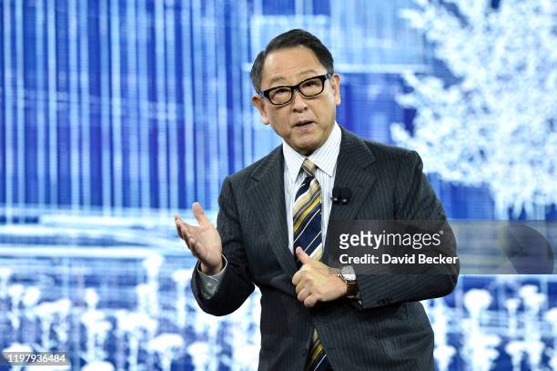 Toyota Motor Corporation President and CEO Akio Toyoda speaks during a Toyota press event for CES 2020 at the Mandalay Bay Convention Center on...