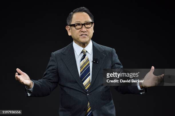 Toyota Motor Corporation President and CEO Akio Toyoda speaks during a Toyota press event for CES 2020 at the Mandalay Bay Convention Center on...