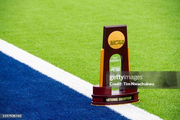 The national championship trophy is seen during the Division II Men's Football Championship held at McKinney ISD Stadium on December 21, 2019 in...