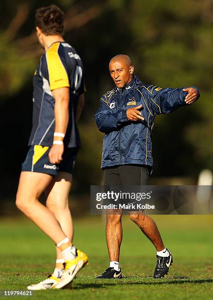 Consultant coach George Gregan gives instructions at a skills session during an ACT Brumbies training camp at Narrabeen Sport and Recreation Ground...