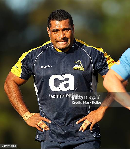 Jerry Yanuyanutawa catches his breath during an ACT Brumbies training camp at Narrabeen Sport and Recreation Ground on July 25, 2011 in Manly,...