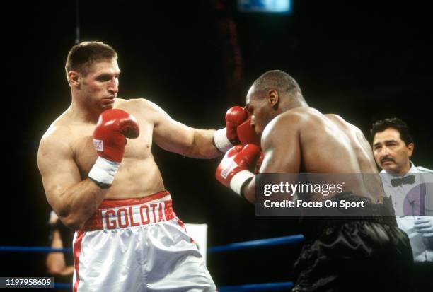 Mike Tyson and Andrew Golota fight during a Heavyweight match on October 20, 2000 at The Palace in Auburn Hills, Michigan. Golota won the fight on a...
