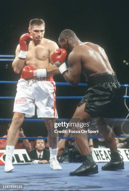 Mike Tyson and Andrew Golota fight during a Heavyweight match on October 20, 2000 at The Palace in Auburn Hills, Michigan. Golota won the fight on a...