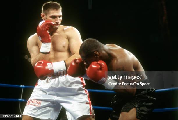 Mike Tyson and Andrew Golota fight during a Heavyweight match on October 20, 2000 at The Palace in Auburn Hills, Michigan. Golota won the fight on a...