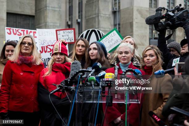 Actress Rose McGowan speaks with members of the media as Louise Godbold, Rosanna Arquette, Sarah Ann Masse and Lauren Sivan as Harvey Weinstein...