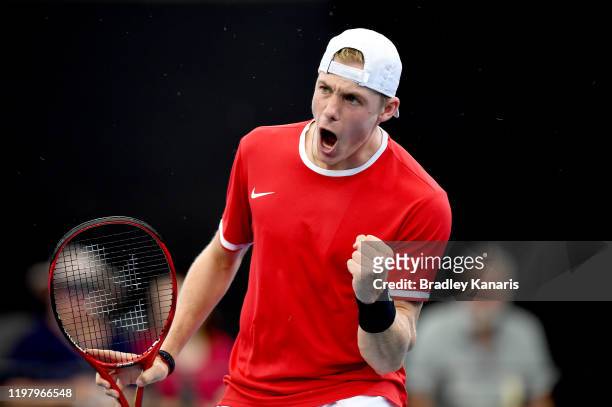 Denis Shapovalov of Canada celebrates after winning a point in his match against Alexander Zverev of Germany during day five of the ATP Cup Group...