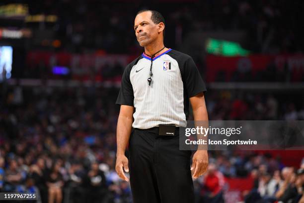 Referee Eric Lewis looks on during a NBA game between the Minnesota Timberwolves and the Los Angeles Clippers on February 1, 2020 at STAPLES Center...