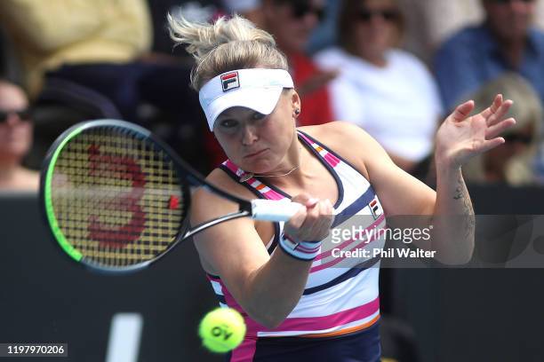 Kateryna Kozlova of the Ukraine plays a forehand in her first round match against Amanda Anisimova of the USA during day two of the 2020 ASB Classic...