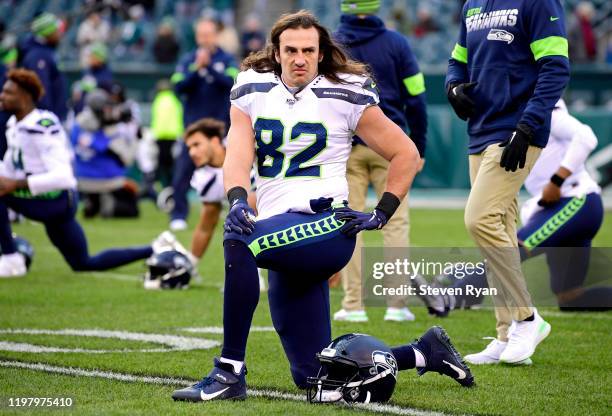 Luke Willson of the Seattle Seahawks warms up prior to the NFC Wild Card Playoff game against the Philadelphia Eagles at Lincoln Financial Field on...