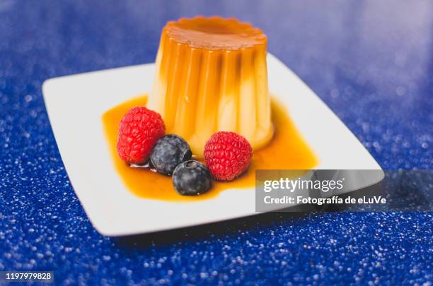 fresh raspberries on flan - pudim-de-leite imagens e fotografias de stock