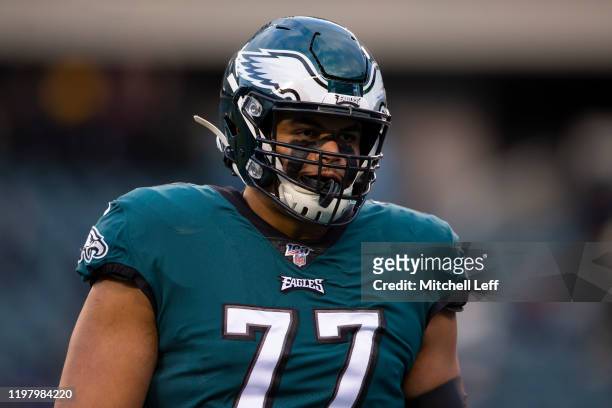 Andre Dillard of the Philadelphia Eagles looks on prior to the NFC Wild Card game against the Seattle Seahawks at Lincoln Financial Field on January...