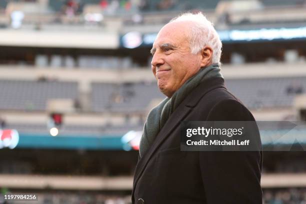 Owner Jeffrey Lurie of the Philadelphia Eagles looks on prior to the NFC Wild Card game against the Seattle Seahawks at Lincoln Financial Field on...