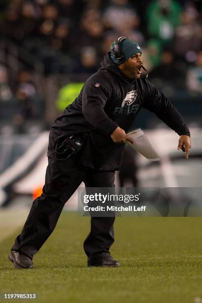 Assistant head coach and running backs coach Duce Staley of the Philadelphia Eagles reacts during the NFC Wild Card game against the Seattle Seahawks...