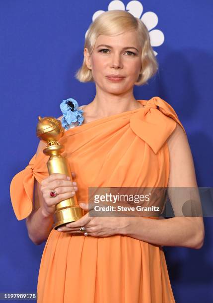 Michelle Williams poses in the press room at the 77th Annual Golden Globe Awards at The Beverly Hilton Hotel on January 05, 2020 in Beverly Hills,...