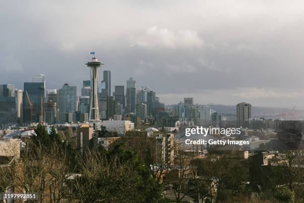 seattle cityscape with space needle. outdoor seattle shots around the city during the daytime during winter. - seattle winter stock pictures, royalty-free photos & images