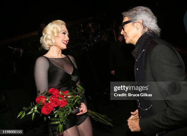 Erika Jayne as "Roxie Hart" and Tommy Tune chat backstage at the hit musical "Chicago" on Broadway at The Ambassador Theater on January 6, 2020 in...