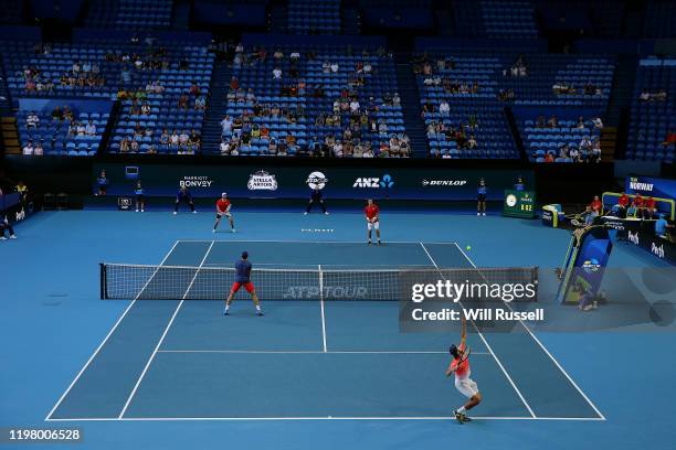 General view of play in the doubles match between Konstantin Kravchuk and Teymuraz Gabashvili of Team Russia and Viktor Durasovic and Casper Ruud of...