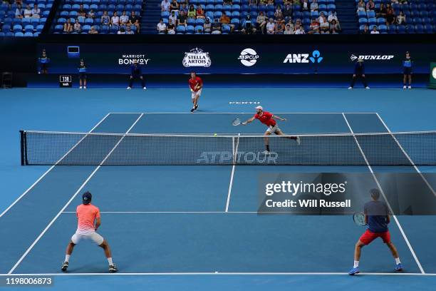 General view of play in the doubles match between Konstantin Kravchuk and Teymuraz Gabashvili of Team Russia and Viktor Durasovic and Casper Ruud of...