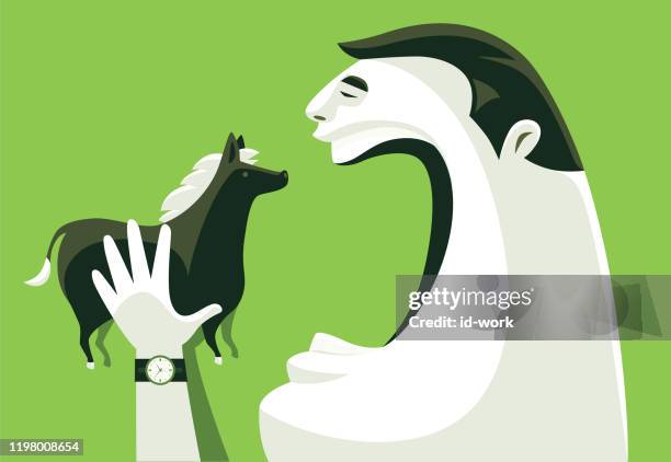 hungry man going to eat horse - pony express stock illustrations